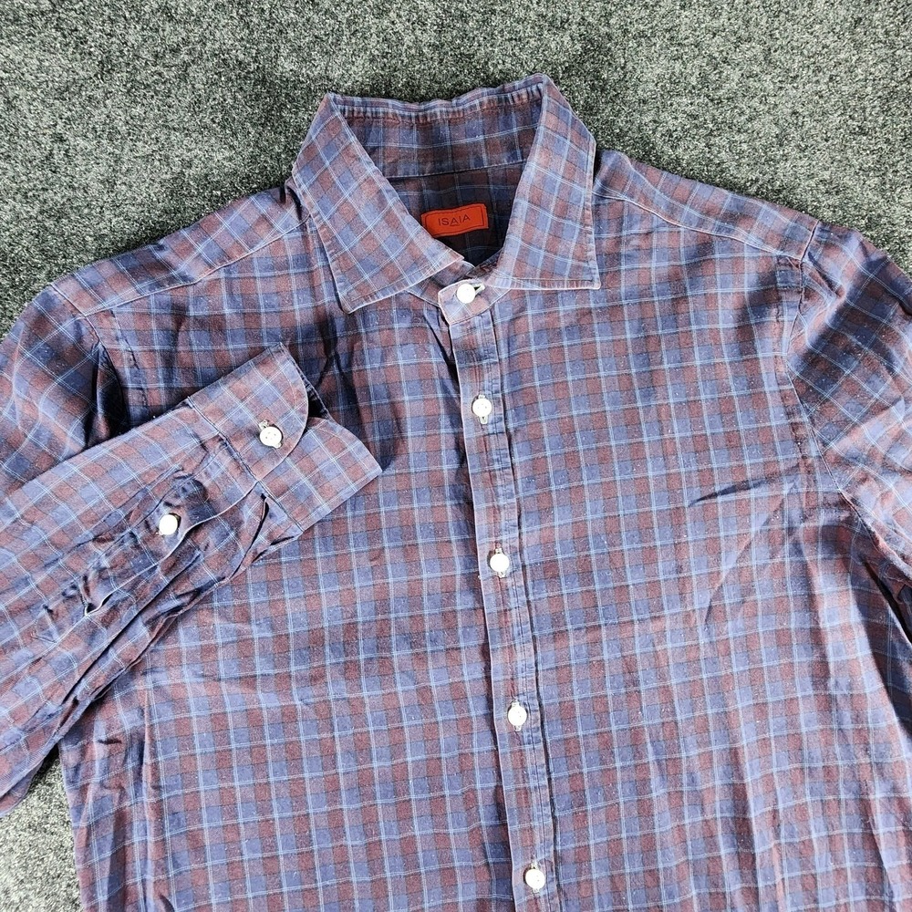 Isaia Napoli Men's Blue Plaid Button-Up Shirt Men's 15.75/40‎ Long Sleeve Italy